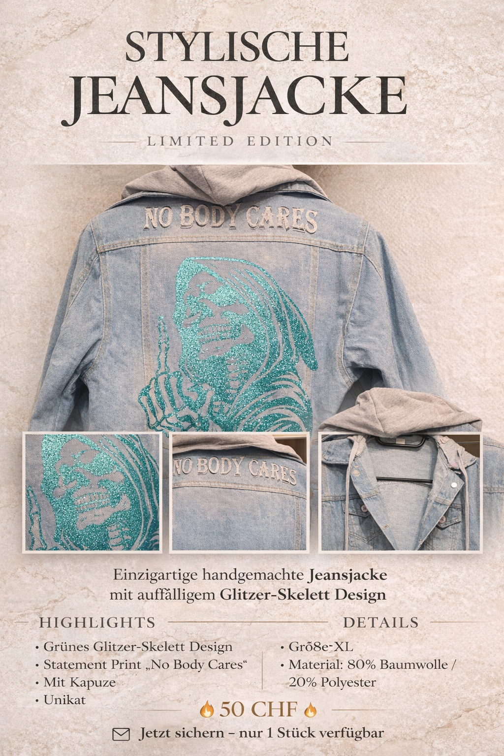 Jeansjacke Unikat – Glitzer Skelett „No Body Cares“ (XL)