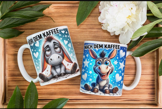 15 oz Tasse „Vor dem Kaffee / Nach dem Kaffee“ – Für Morgenmuffel mit Humor