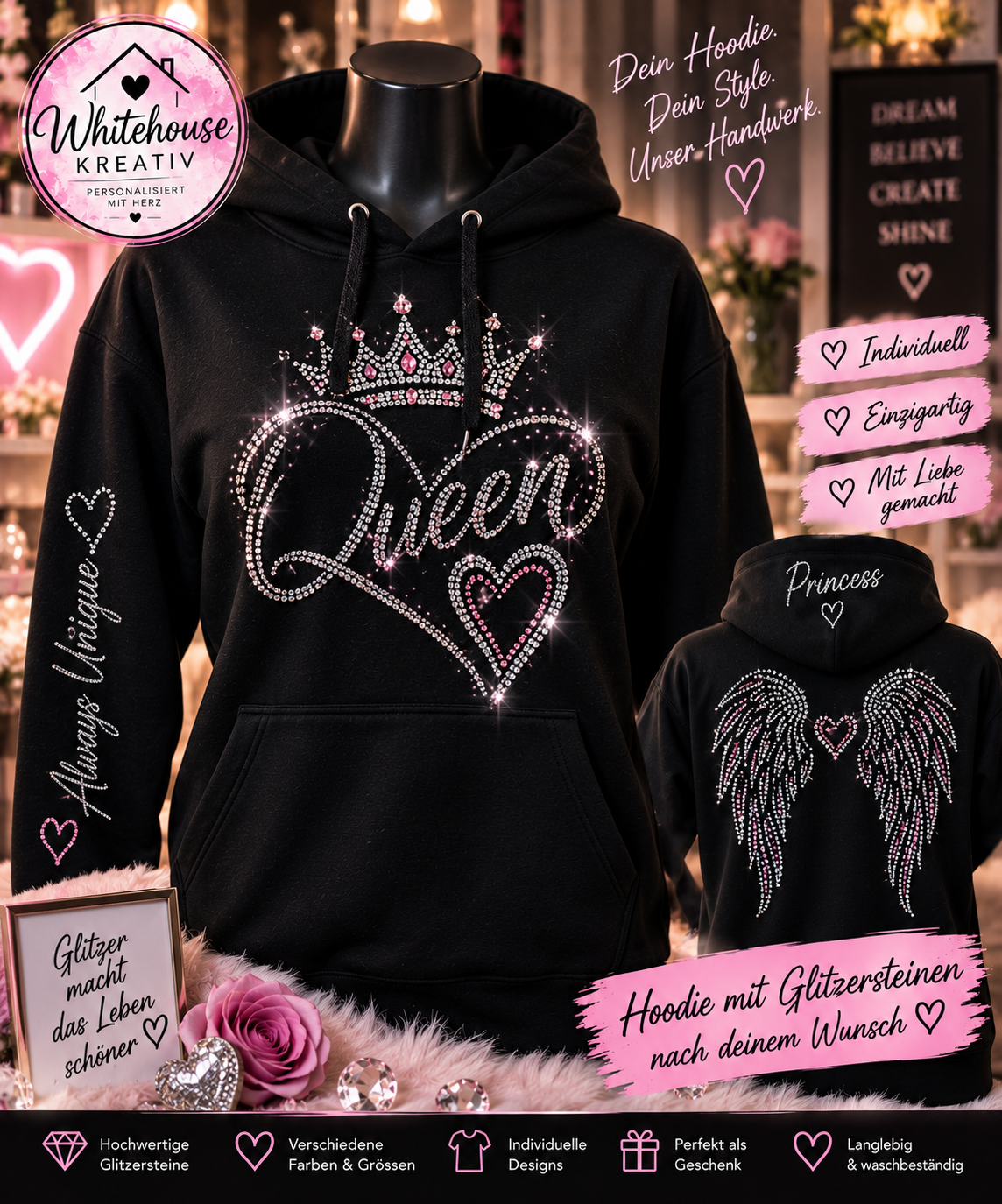 ✨ BLING BLING Hoodie – Dein Wunschmotiv mit Glitzersteinen ✨