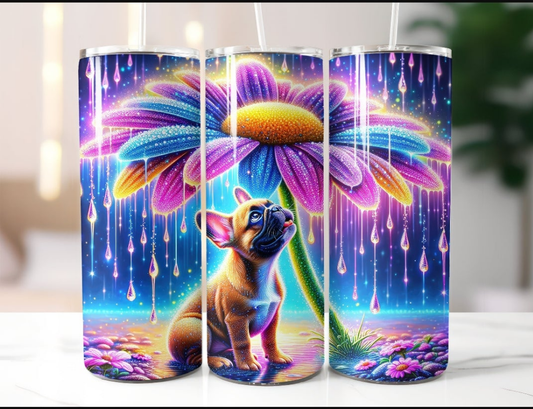 Magischer Frenchie-Tumbler 20oz – Bunter Edelstahlbecher mit Blumen & Hundemotiv | Regenbogen-Design