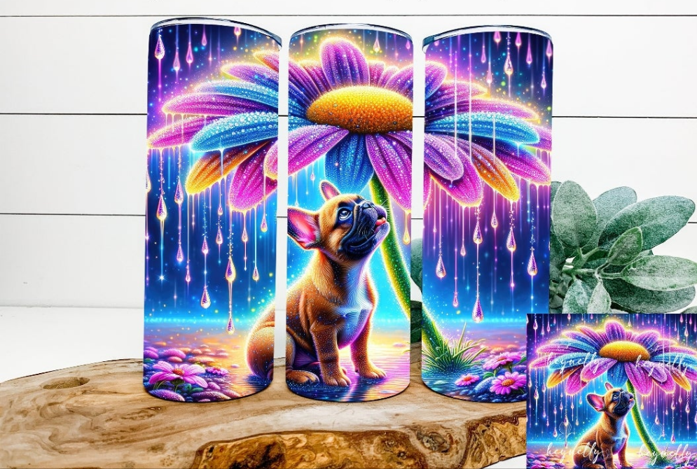 Magischer Frenchie-Tumbler 20oz – Bunter Edelstahlbecher mit Blumen & Hundemotiv | Regenbogen-Design