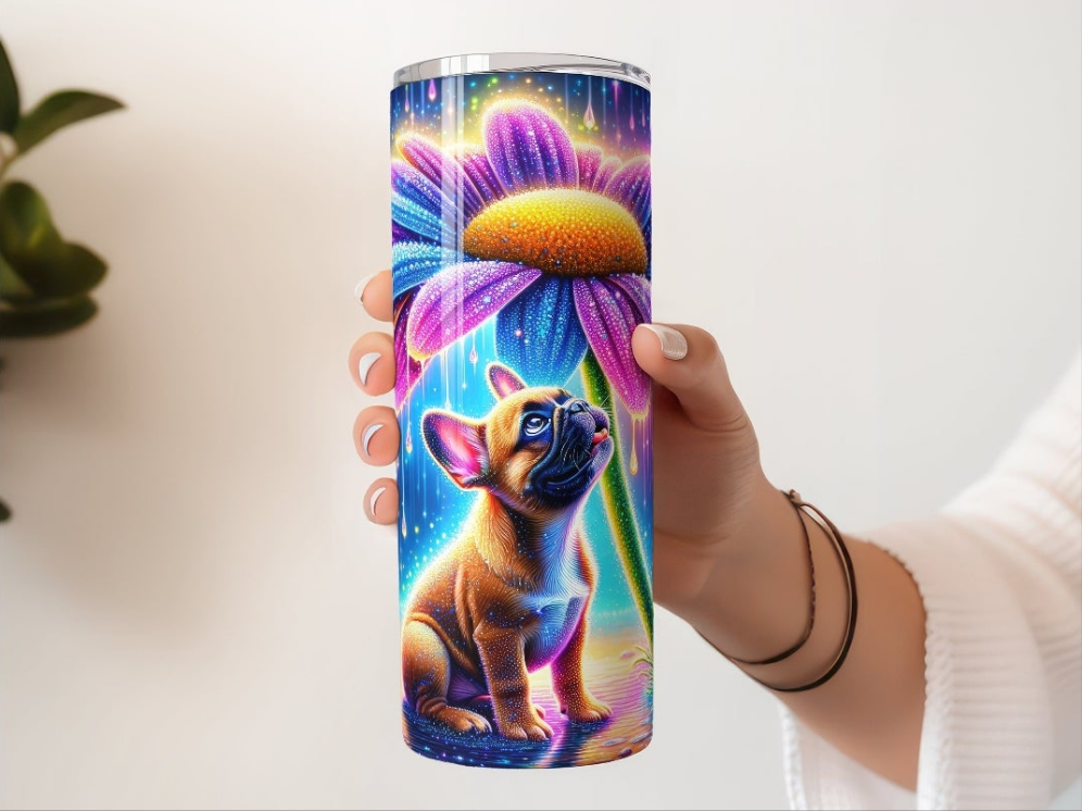 Magischer Frenchie-Tumbler 20oz – Bunter Edelstahlbecher mit Blumen & Hundemotiv | Regenbogen-Design