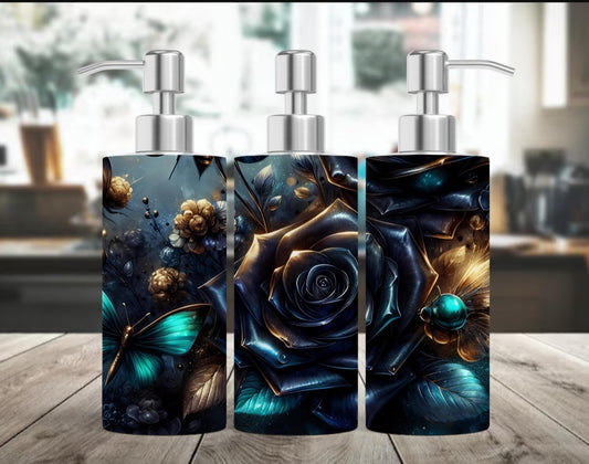 🖤 Dark Elegance – Seifenspender mit schwarzer Rose, Schmetterling & Goldakzenten | Mystischer
