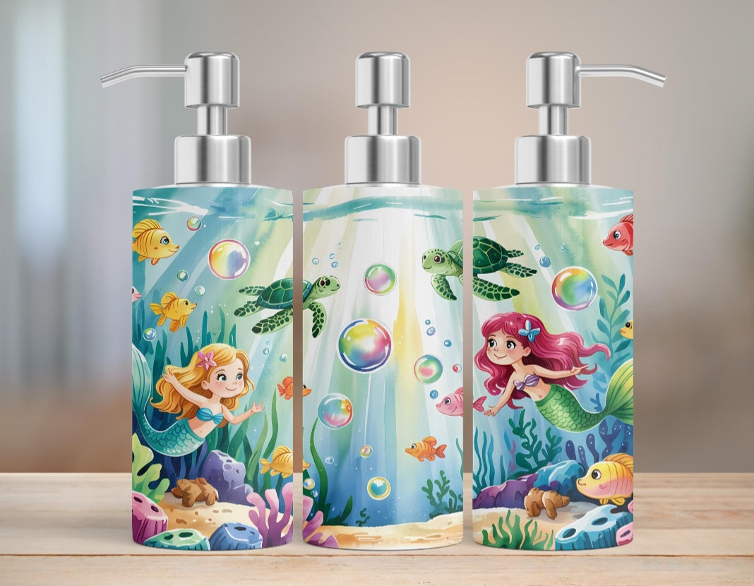 🧜‍♀️ Mermaid Splash – Seifenspender mit Meerjungfrauen & Meereswelt | Bunter Sublimationsdruck für Kinder & Bad