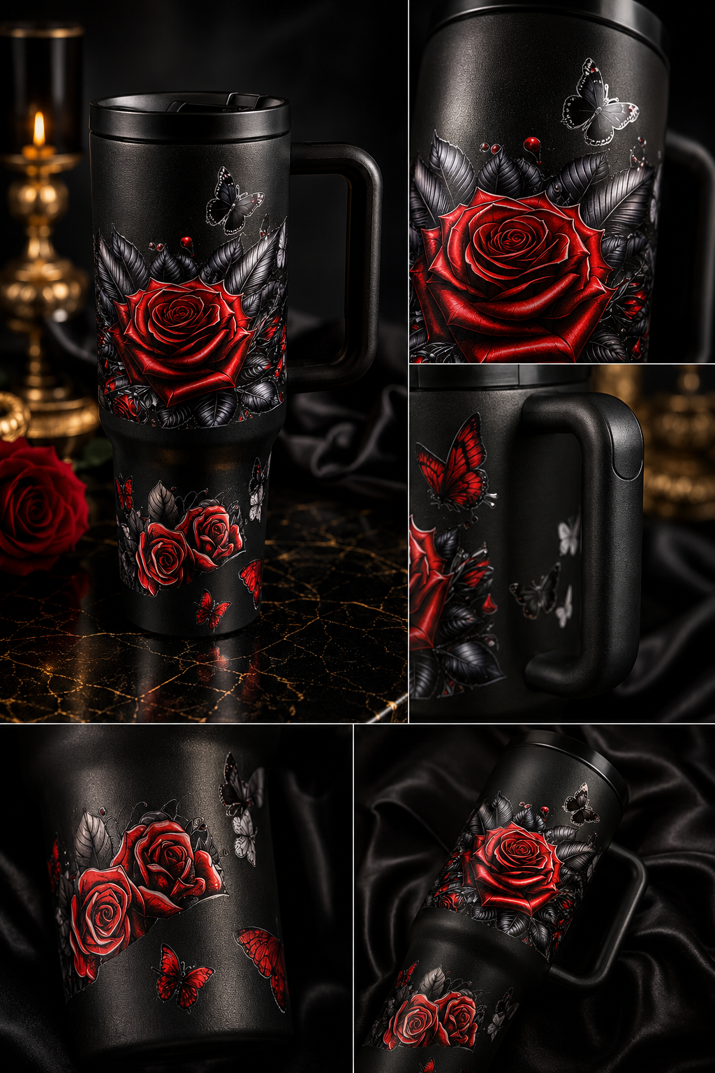 🖤 Luxus Thermo Tumbler – 1,2L Edelstahl Becher mit Rosen & Butterfly Design 🌹🦋