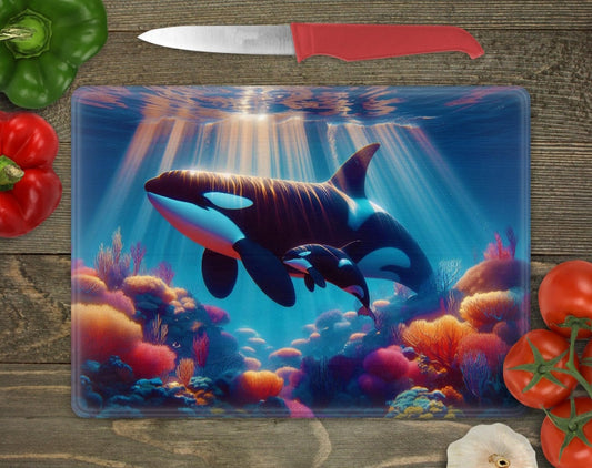 🐋🌊 „Magie der Tiefe – Schneidebrett mit Orca-Motiv & Unterwasserwelt
