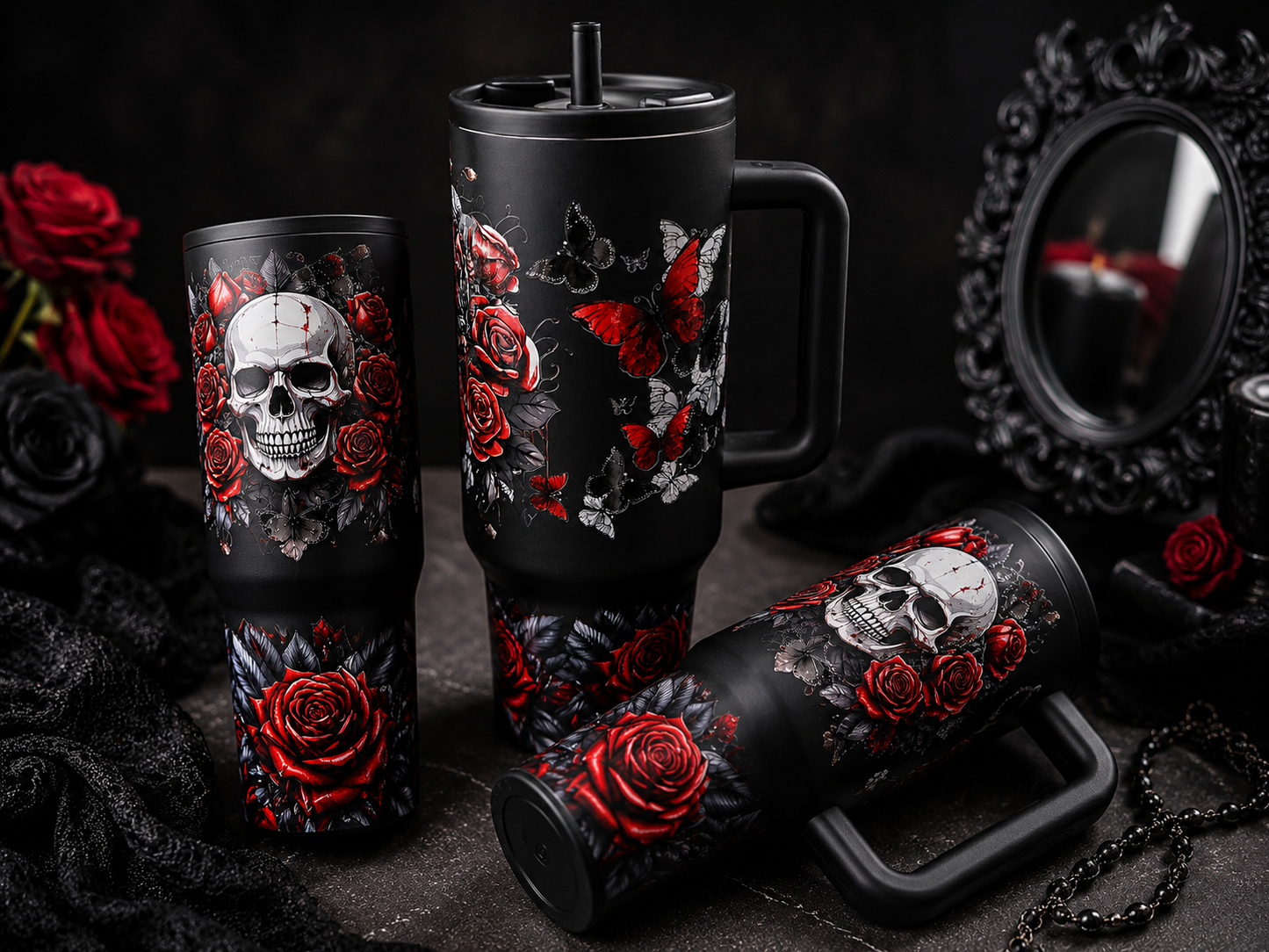 Gothic Roses & Butterflies Tumbler – 40oz 🖤🌹🦋