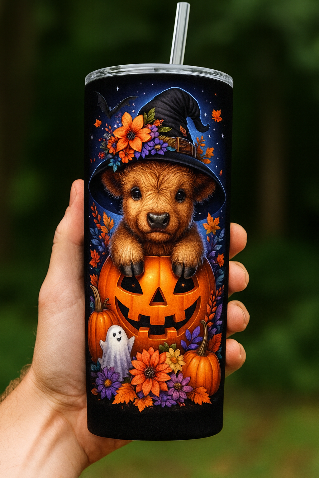 Zauberhafter Halloween-Becher Perfektes Herbstgeschenk mit Highland-Kalb & Kürbis