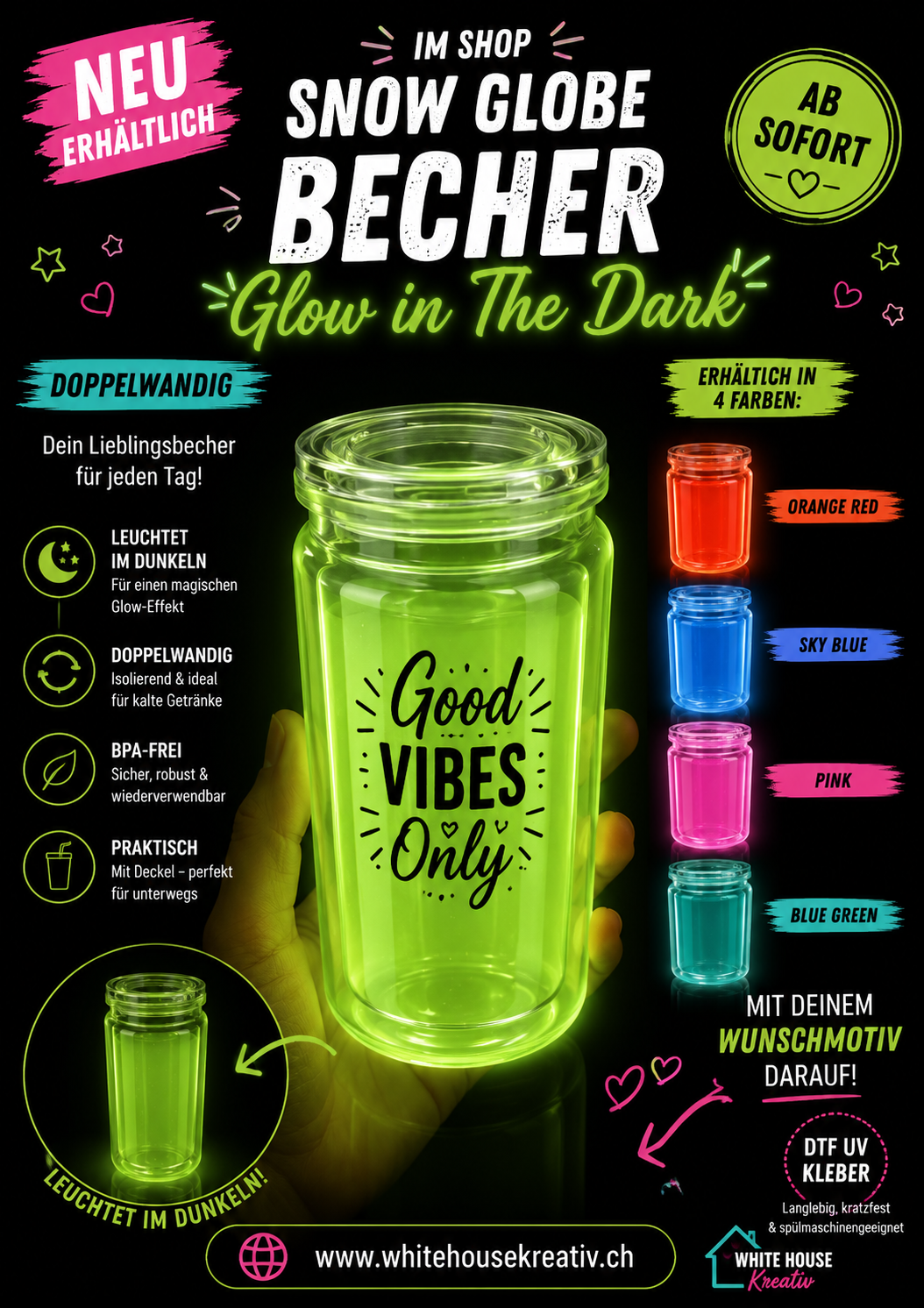🌟 Snow Globe Becher "Glow in the Dark" – Doppelwandig & personalisierbar