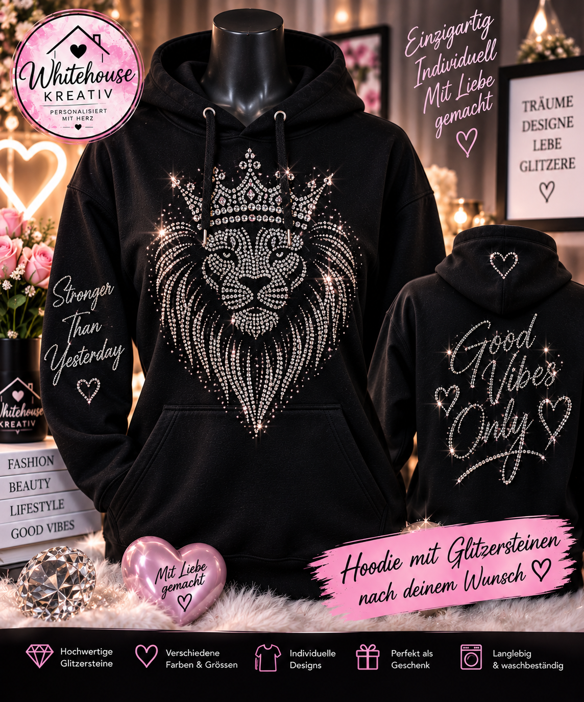 ✨ BLING BLING Hoodie – Dein Wunschmotiv mit Glitzersteinen ✨