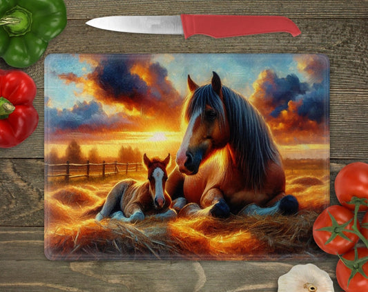 🌅🐴 "Herzenswärme im Abendlicht – Schneidebrett mit Pferdemotiv