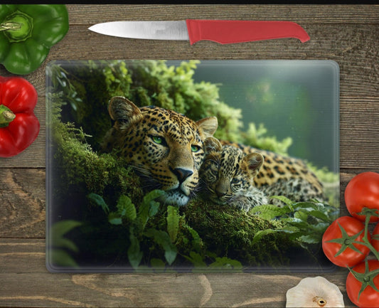 🐆🌿 „Wildes Herz – Schneidebrett mit Leopardenmotiv in Dschungelkulisse
