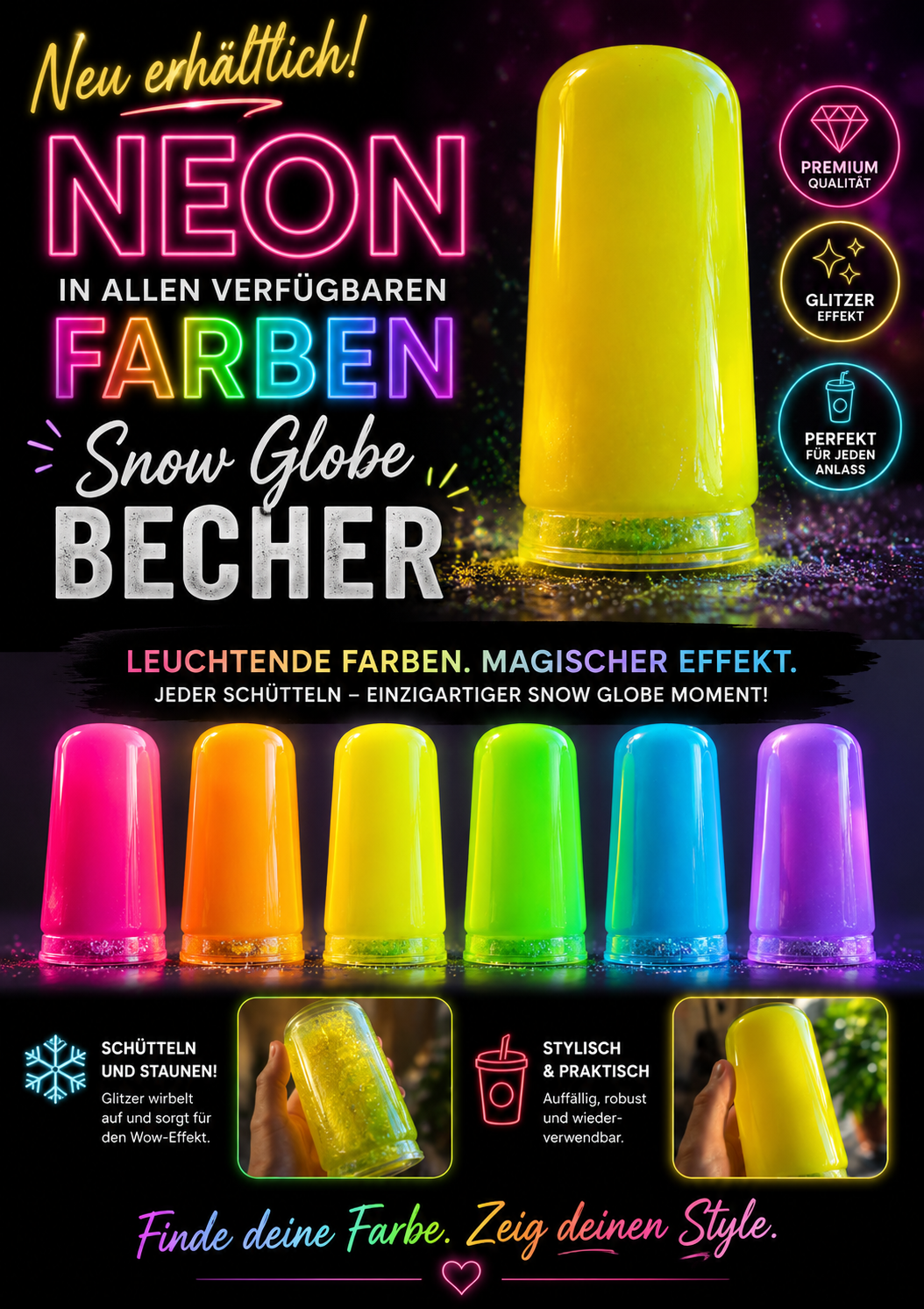 Neon Snow Globe Becher – Personalisierbar mit deinem Wunschdesign ✨