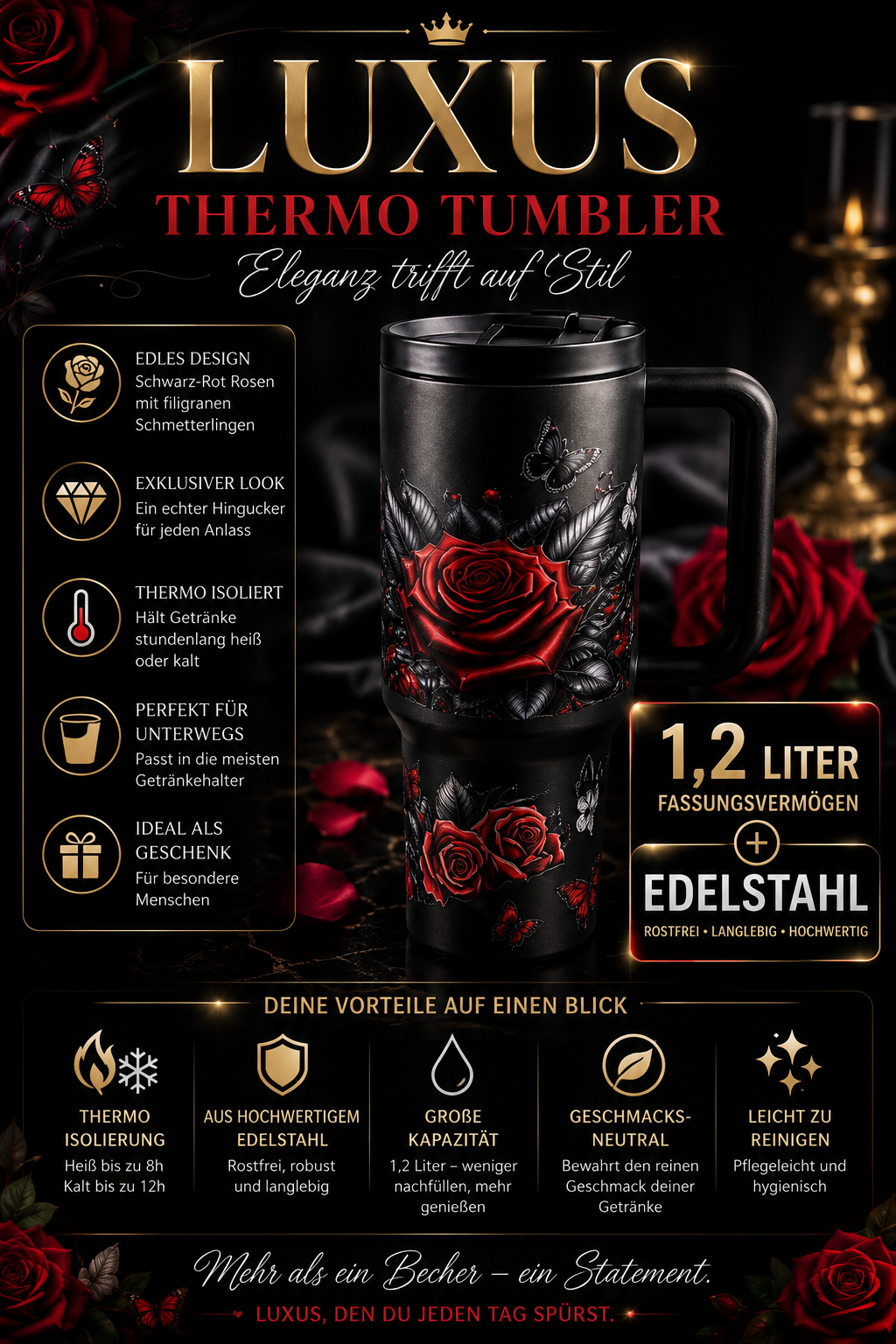 🖤 Luxus Thermo Tumbler – 1,2L Edelstahl Becher mit Rosen & Butterfly Design 🌹🦋