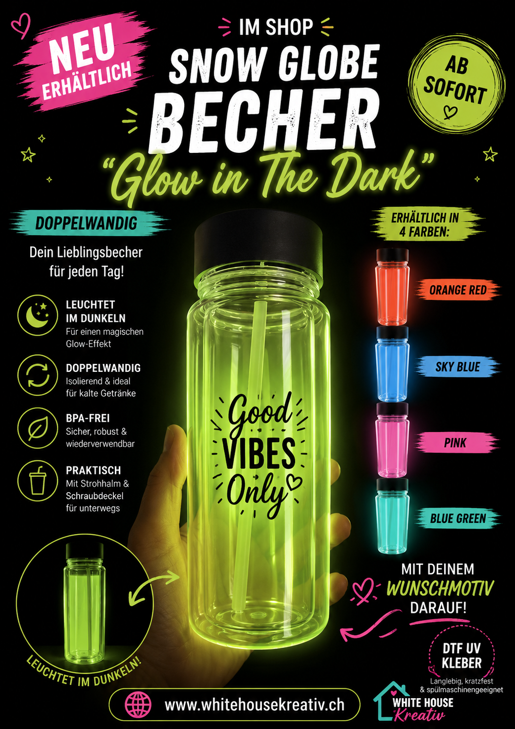 🌟 Kinder Trinkflasche "Glow in the Dark" – Leuchtet im Dunkeln