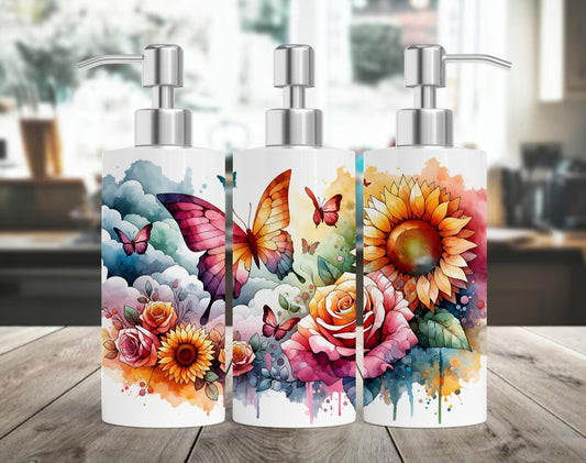 🌻 Garden Dreams – Seifenspender mit Aquarell-Schmetterlingen & Blumen | Farbintensiver