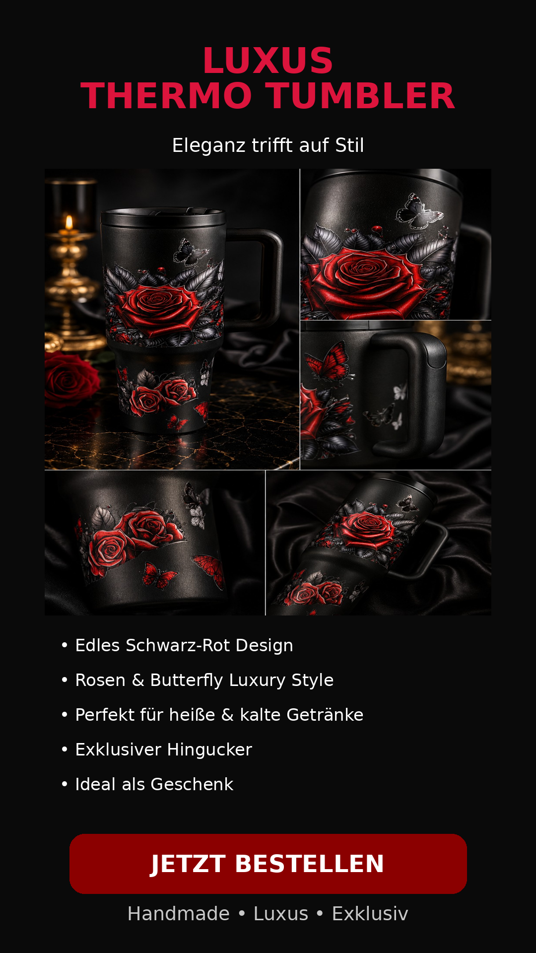 🖤 Luxus Thermo Tumbler – 1,2L Edelstahl Becher mit Rosen & Butterfly Design 🌹🦋