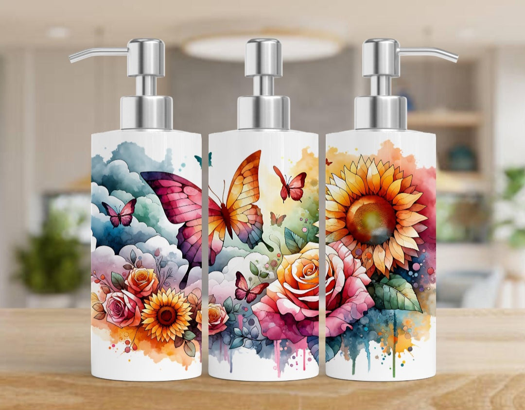 🌻 Garden Dreams – Seifenspender mit Aquarell-Schmetterlingen & Blumen | Farbintensiver