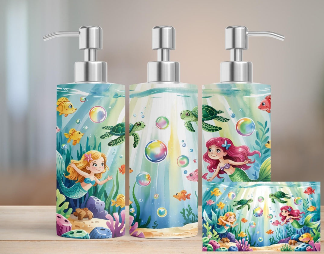 🧜‍♀️ Mermaid Splash – Seifenspender mit Meerjungfrauen & Meereswelt | Bunter Sublimationsdruck für Kinder & Bad
