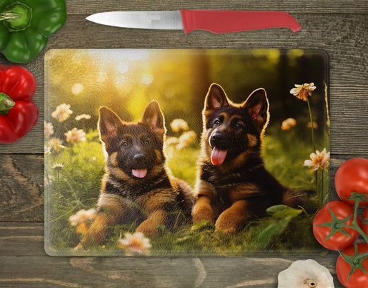 🐶☀️ "Treue Herzen – Schneidebrett mit Schäferhund-Welpen im Sonnenlicht