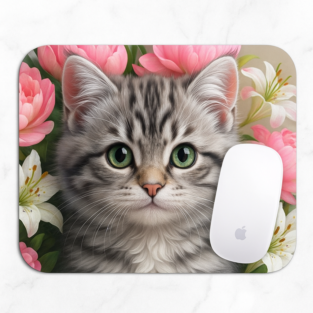 🐱🌸 „Zart & Flauschig – Mousepad mit süßem Katzenmotiv und Blütenpracht