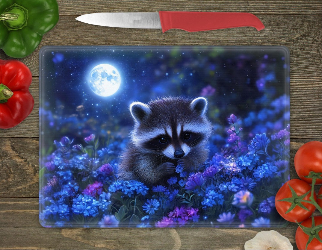 🌙🦝 "Mondscheinträume – Magisches Schneidebrett mit Waschbär-Motiv