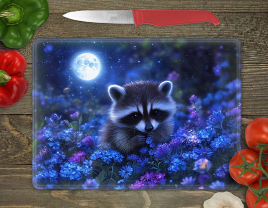 🌙🦝 "Mondscheinträume – Magisches Schneidebrett mit Waschbär-Motiv