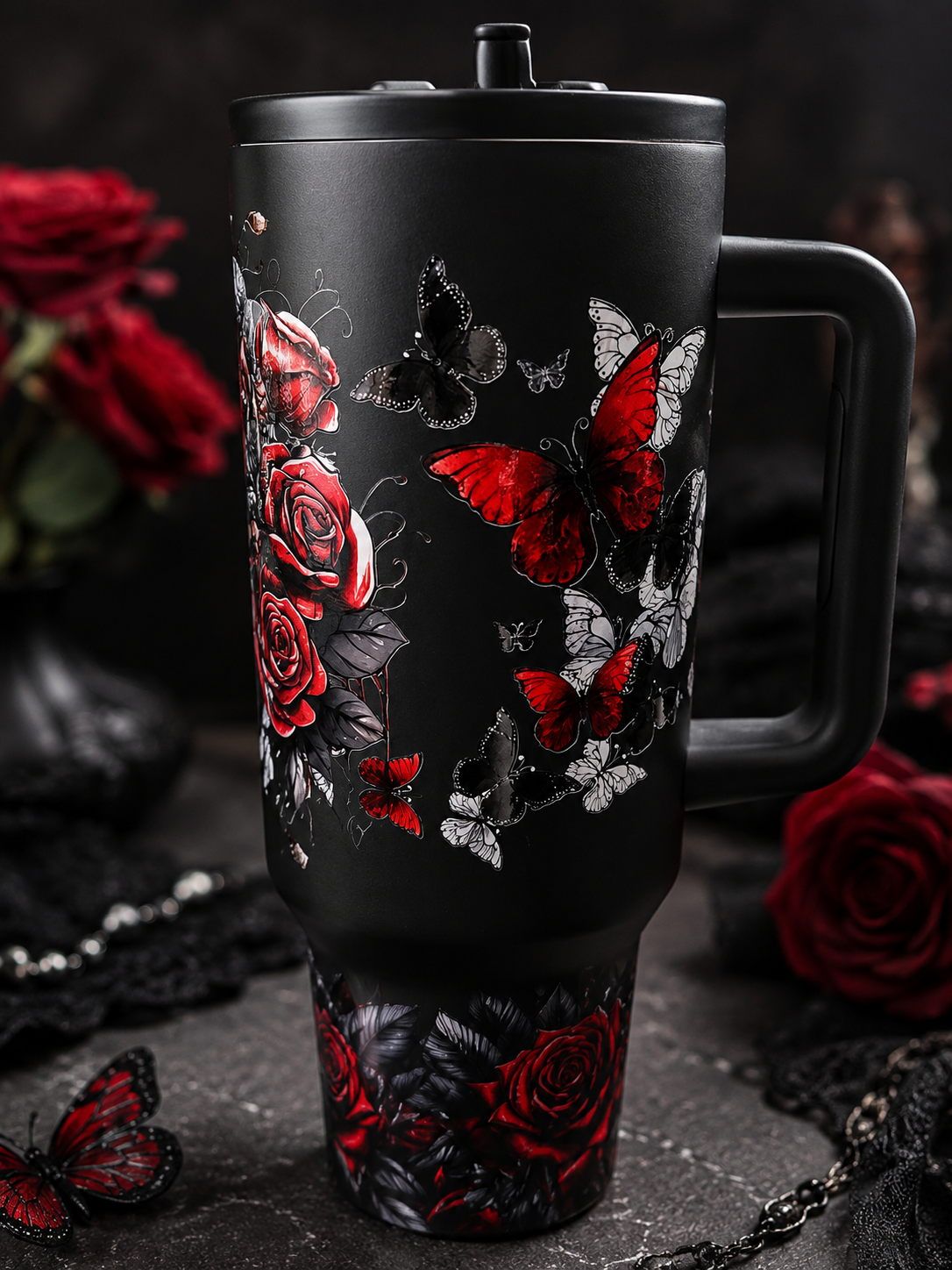 Gothic Roses & Butterflies Tumbler – 40oz 🖤🌹🦋